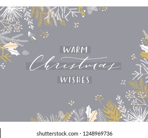 Elegant stylish Christmas greeting card design. Minimalist vector hand drawn holiday postcard, delicate winter leaves and branches. Gentle calligraphic festive lettering quote. Warm Christmas wishes.