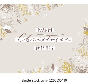 Elegant stylish Christmas greeting card design. Minimalist vector hand drawn holiday postcard, delicate winter leaves and branches. Gentle calligraphic festive lettering quote. Warm Christmas wishes.