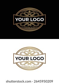 Elegant and stylish coffee shop logo template. This vintage-inspired design features ornate details and a customizable text area, perfect for branding your coffee business. 