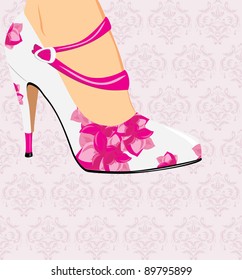 Elegant stylish female shoes on the decorative background. Vector