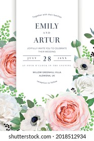 Elegant and stylish floral wedding invite, save the date card design. Vector watercolor illustration. Pink, white rose flowers, anemones, eucalyptus leaves, berries. Editable postcard, banner template