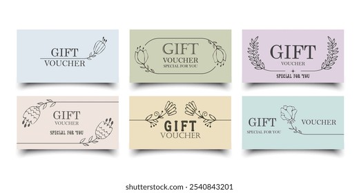 Elegant stylish gift voucher with hand draw linear flowers.Vector Isolated template for gift card, coupon and certificate