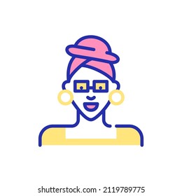 Elegant stylish girl wearing a turban and large earrings. Pixel perfect, editable stroke fun color avatar icon