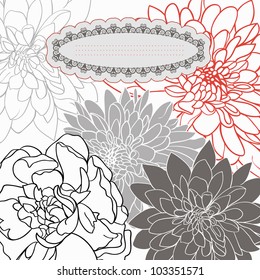 Elegant Stylish hand-drawn Floral card. Black Red White Design