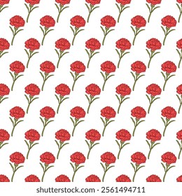 Elegant Stylish Red Carnation Stalk Doodle Pattern. Perfect for modern and minimalist projects, this pattern is ideal for wallpapers, stationery, fabric prints, gift wrapping, and branding.