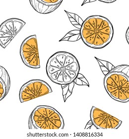 Elegant and stylish seamless pattern with oranges and leaves. Vector texture illustration.