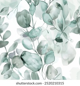 Elegant Stylish Winter Attractive Green Forest Eucalyptus Leaf Watercolor Abstract Scandinavian Design Seamless Pattern Wallpaper Curtain Bedding Background Upholstery Gift Wrapping Paper Vector 