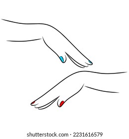 Elegant stylish woman's hand outline on a white background. Vector illustration of female hands with red and blue nails. Perfect for beauty logos, skin whitening creams and salons.