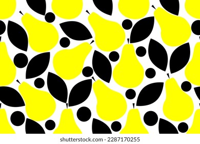 ELEGANT STYLISH YELLOW PEARS WITH BLACK LEAVES AND BERRIES SEAMLESS FASHIONABLE VECTOR PATTERN FOR DESIGN AND DECORATION