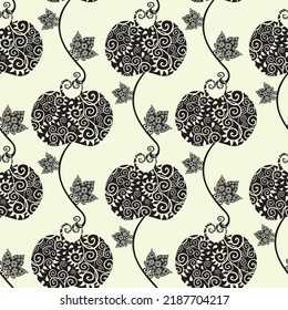 Elegant stylized apple and leaf seamless vector pattern background.Vintage stencil style black apples and leaves on off-white backdrop.Fruit and foliage trailing vertical layout orchard garden repeat