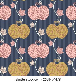 Elegant stylized apple and leaf seamless vector pattern background.Vintage stencil style gold pink apples and leaves on blue backdrop. Fruit and foliage trailing vertical layout orchard garden repeat