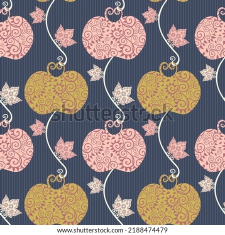 Elegant stylized apple and leaf seamless vector pattern background.Vintage stencil style gold pink apples and leaves on blue backdrop. Fruit and foliage trailing vertical layout orchard garden repeat