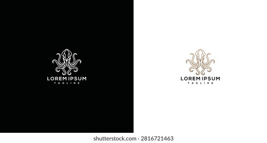 Elegant Stylized Octopus Kraken Logo Template on Black and White Backgrounds