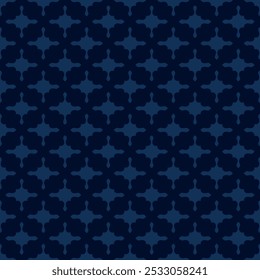 Elegant subtle geometric seamless pattern. Abstract vector ornament texture with curved shapes, crosses, lattice, repeat tiles. Simple dark blue background. Geo design for decor, wallpaper, textile