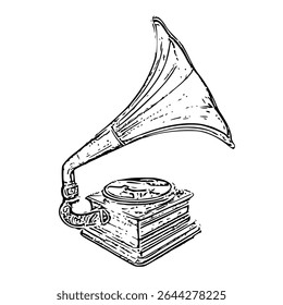 Elegant Subtle Line Art Illustration of a Vintage Gramophone in Minimalist Style