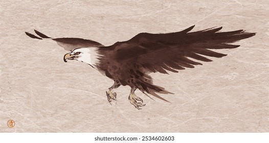 Elegant sumi-e style illustration of a soaring eagle on vintage paper background. Hieroglyph - clarity.