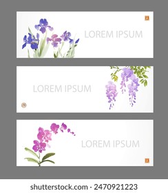 Elegant sumi-e style vector banners with floral designs, including purple and pink blossoms of iris, wisteria and orchid, green leaves and place for your text. Hieroglyph - joy, beauty.