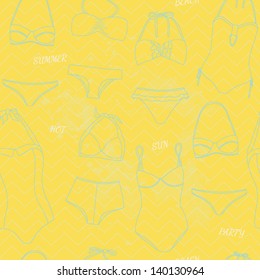 Elegant summer abstract pattern. Seamless pattern with swimsuits and lingerie for ladies. Vector illustration in pastel color