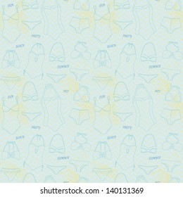 Elegant summer abstract pattern. Seamless pattern with swimsuits and lingerie for ladies. Vector illustration in pastel color
