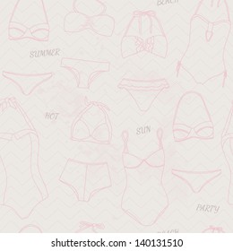 Elegant summer abstract pattern. Seamless pattern with swimsuits and lingerie for ladies. Vector illustration in pastel color