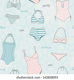 Elegant summer abstract pattern. Seamless pattern with swimsuits and lingerie for ladies. Vector illustration in pastel color