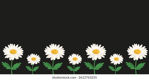 Elegant Summer Floral Frame vector illustration. Daisy Frame template design with Empty space for text. Summer Flowers Border isolated black background with trendy grunge texture. EPS 10