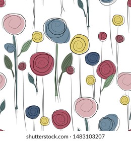 Elegant summer floral seamless pattern. Abstract flowers, hand-drawing, sketch style.Background with roses for valentines day or wedding. For fabric, wrappers, textiles, greeting cards.