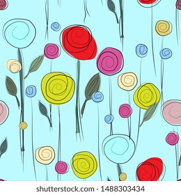 Elegant summer floral seamless pattern. Abstract flowers, hand-drawing, sketch style.Background with roses for valentines day or wedding. For fabric, wrappers, textiles, greeting cards.