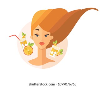 Elegant summer girl with a beach drink. Summer concept. Vector illustration in flat design.