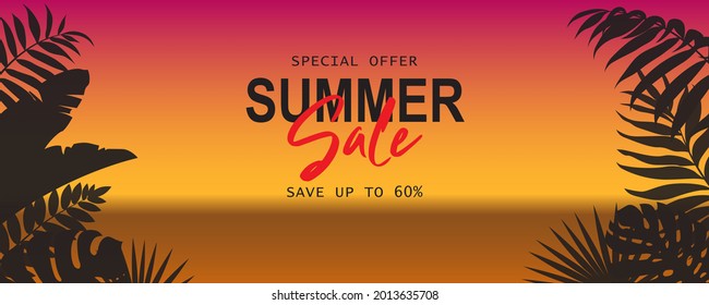 Elegant summer sale banner with tropical leaf theme