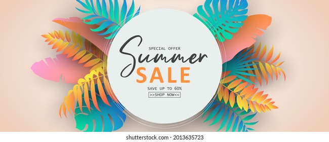 Elegant summer sale banner with tropical leaf theme