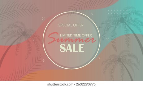 Elegant summer sale design featuring palm tree silhouettes and warm gradient colors perfect for limited time promotions banners and digital seasonal advertisements