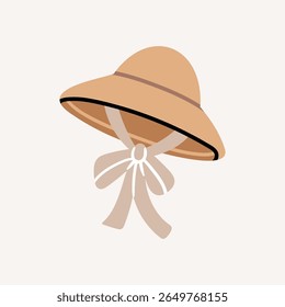 Elegant summer straw hat with wide brim and ribbon. Hand-drawn in neutral tones. Perfect for nursery art, fashion prints, kids decor, or boho-style designs.

