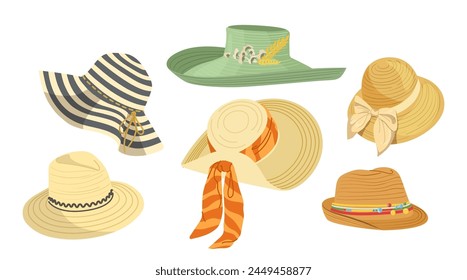 Elegant summer straw and textile hats female stylish accessories isolated set on white background