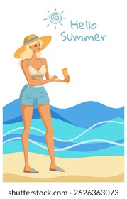 Mulher de verão elegante na praia aplicando protetor solar SPF. Ilustração minimalista de férias perfeita para anúncios sazonais, promoções de cuidados com a pele, blogs de viagens ou cartões de felicitações.