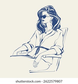 Elegant summer woman hand drawn sketch. Stylish woman in sunglasses and robe, sitting and relaxing. Whimsical Mediterranean elegance. Line art dolce vita summer vibes. Fashionable modern illustration.