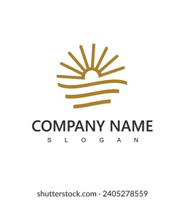 elegant sun with beach ocean sea water logo icon vector