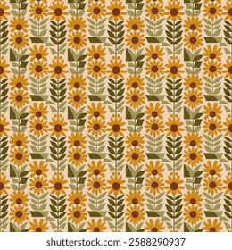 Elegant Sunflower Floral Tile Seamless Pattern in Golden Yellow and Beige