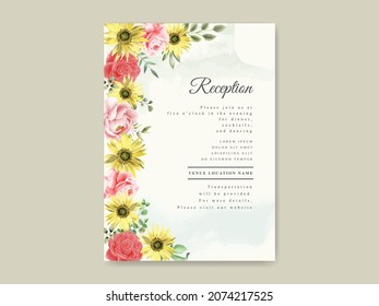 Elegant sunflower and rose watercolor wedding invitation template