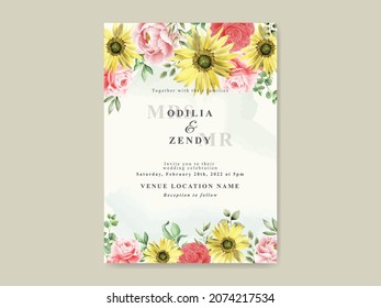 Elegant sunflower and rose watercolor wedding invitation template