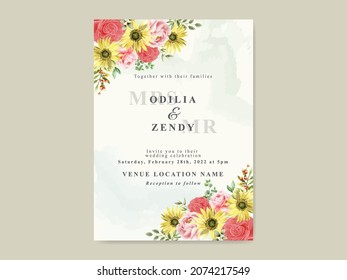 Elegant sunflower and rose watercolor wedding invitation template