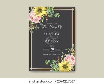 Elegant Sunflower And Rose Watercolor Wedding Invitation Template