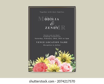 Elegant Sunflower And Rose Watercolor Wedding Invitation Template