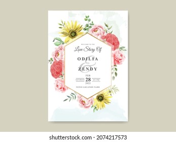 Elegant sunflower and rose watercolor wedding invitation template