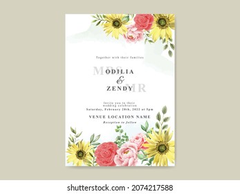 Elegant sunflower and rose watercolor wedding invitation template