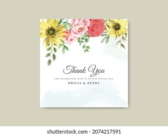 Elegant sunflower and rose watercolor wedding invitation template