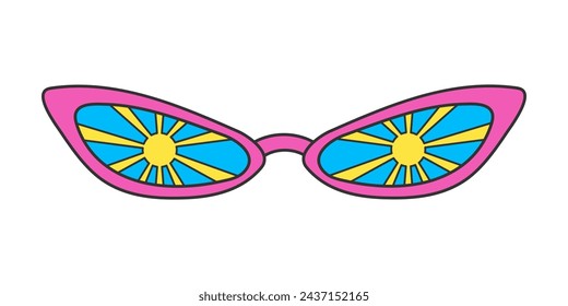 Elegant sunglasses in a groovy hippie style isolated on a white background. Vintage retro colors, sun print on glass. Psychedelic vector neon doodle sticker, 70s.