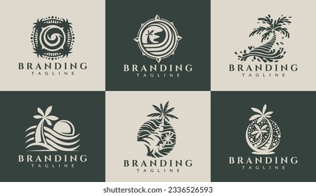 Elegante diseño con el logotipo de la palma de la playa. Conjunto de logotipos de la marca de la palma del océano de lujo.