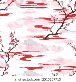 Elegant Sunset Japanese Cherry Blossoms Kimono Yukata Pink Red Blue Sakura Colorful Seamless Pattern Wallpaper Curtain Bedding Background Upholstery Gift Wrapping Paper Vector 