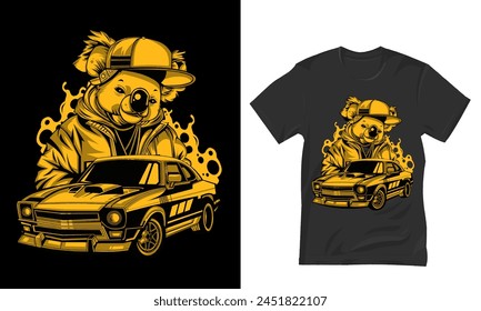 Elegant Super Gold Wara Car and Koala,Car t shirt design vector illustration